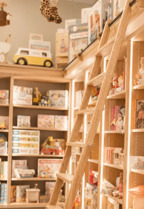 Mobilier en bois et jouets exposés dans la boutique Trésors d’Enfance