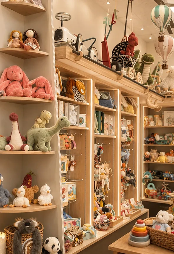 Sélection de jouets et peluches dans la boutique Trésors d’Enfance
