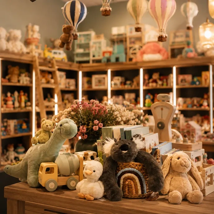 Peluches et jouets exposés dans la boutique Trésors d’Enfance à Rodez
