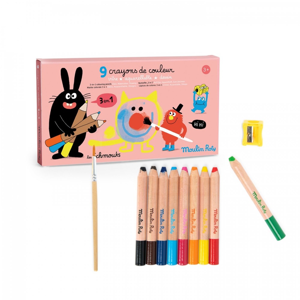[716607] 9 crayons de couleurs 3 en 1 Les Schmouks - Moulin Roty