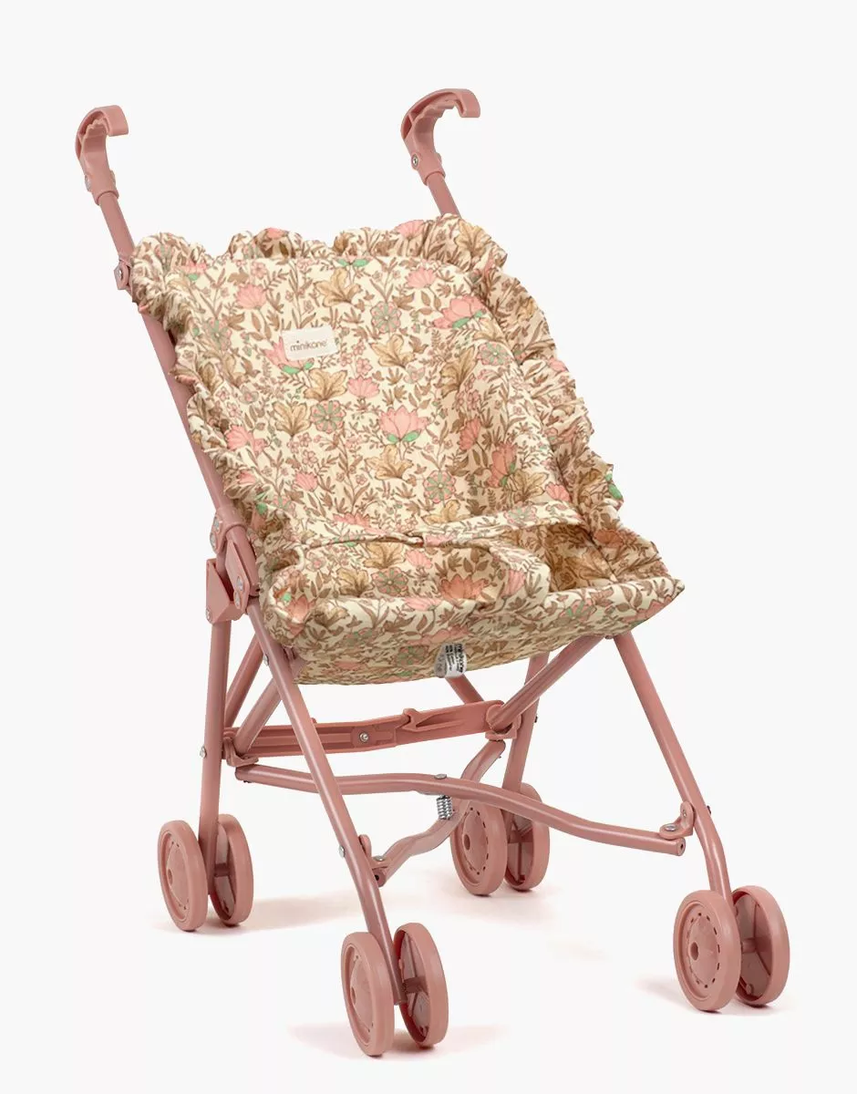 [10.10.232] Poussette poupée à volants en gaze de coton Indienne rosée avec châssis blush - Minikane