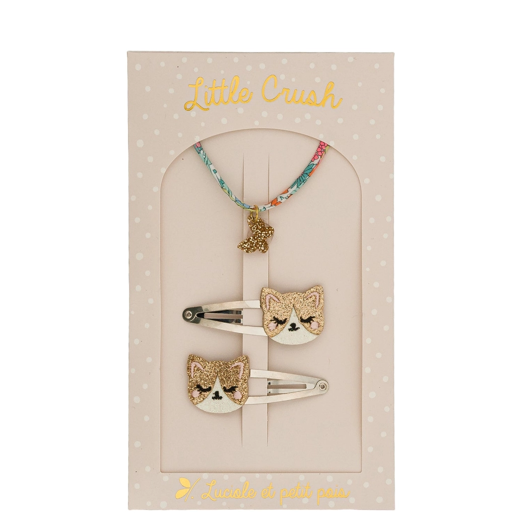 [POC_01] Pochette cadeau Kitty - Barrettes Kitty le chat & Bracelet Vahiné (papillon) - Luciole et petit pois